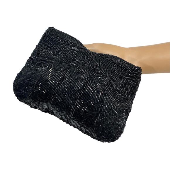 80s does 40s Black Beaded Silk Evening Bag | Small Clutch with Glass Beads - Picture 7 of 11